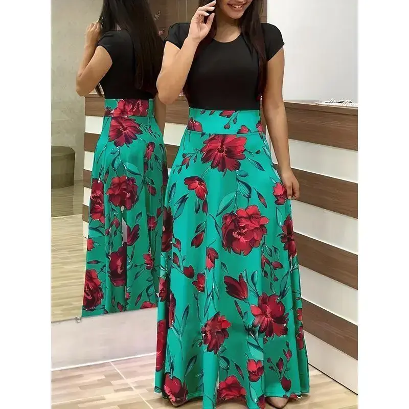 Floral Print Splicing Dress, Elegant Crew Neck Short Sleeve Pleated Maxi Dress, Women's Clothing Floral Print Splicing Dress, Elegant Crew Neck Short Sleeve Pleated Maxi Dress, Women's Clothing