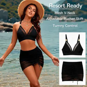 Black 3 Piece Mesh Bikini Set with Drawstring Skirt Cover Up, Tummy Control Adjustable Swimsuit for Women Beach Vacation and Resort Wear
