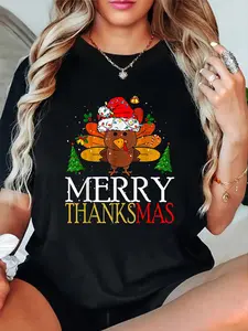 100% Cotton T shirts Merry Thanksmas Happy Thanksgiving Santa Turkey T-Shirt Breathable & Comfort Fit Tee Women,Short Sleeve Crew Neck Top for All Seasons,Graphic Tees Women Tops