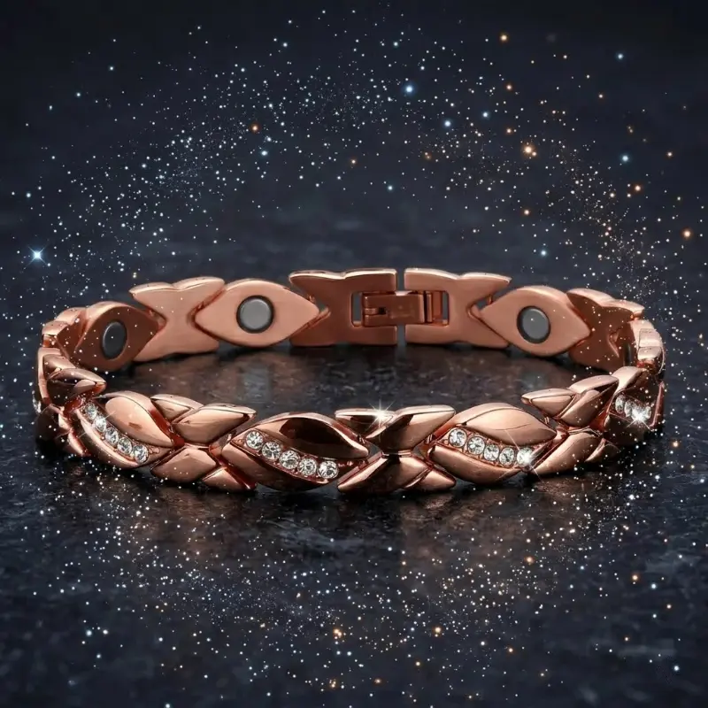 Copper-Plated Magnetic Bracelet with Natural Crystal Accents, Unisex Jewelry with 3500 Gauss Magnets, Adjustable Fit & Leaf Diamond Pattern, Natural Crystal Jewelry, Stackable Bracelets, Valentine's Day Gift, Adults, Leaf Elements, Anniversary, Anniversar