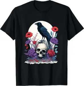 Edgar Allan Poe - Skull and Raven Summer Casual Shortsleeve Cotton T-Shirt