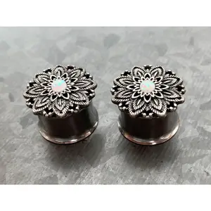 PAIR of Stunning Antique Silver Lotus with Opal Center Surgical Steel Double Flare Tunnels - Gauges 2g (6mm) thru 5/8" (16mm)