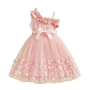 Girls Butterfly Tulle Dress Summer Fashionable Cute Sleeveless Ruffle Dress with Belt