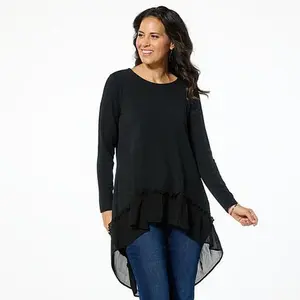 DG2 by Diane Gilman Mixed Media Hi-Low Pleated Hem Drama Top