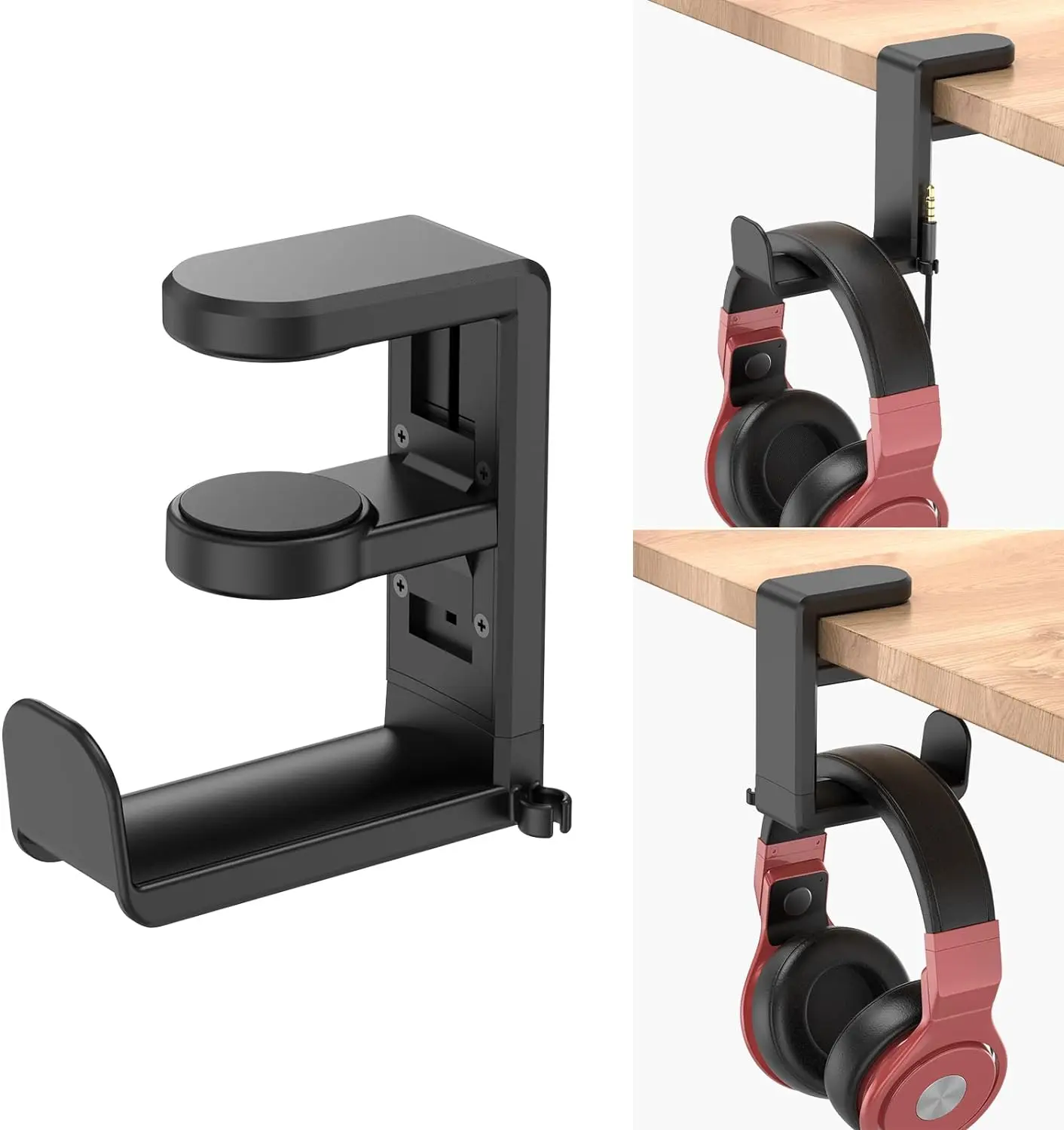 Rotating Headphone Stand - c PC Gaming Headset Stand, Adjustable Clamp-on Headphone Holder, Headphone Hanger Hook Under Desk with 360 Degree Swivel&Cable Clip Organizer - Black