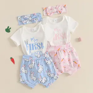 Canrulo Infant Baby Girl Easter Outfits Short Sleeve Romper Bunny Onesie + Pompom Shorts Bloomers + Headband 3Pcs