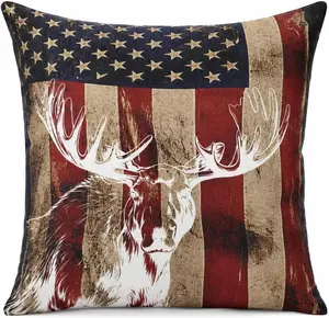 Huglina Patriotic Moose Throw Pillow 18x18 Inch, American Flag Wildlife Decorative Accent Cushion with Insert Included, Rustic Cabin Lodge Farmhouse Home Decor