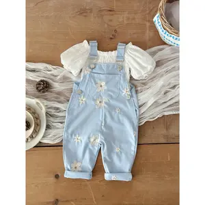 Summer Baby Clothing with Exquisite Floral Embroidery, Light Blue Overalls with Long Pants, Comfortable and Soft Infant and Toddler Apparel. One Pair of Overalls, No Innerwear, Shoes, Hats, or Other Accessories Included, Perfect for Outdoor