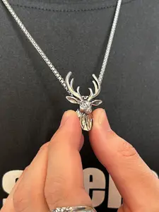 Men's Heavy Industry Stag Antler Necklace, Retro Silver Color Deer Head Pendant, Antiqued Finish, Gothic Punk Streetwear Chain, Nature Inspired Gift