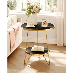 Faux Marble End , 2 Tier Round Side  With Storage Shelf, Modern White Nightstand Bedside  Small Coffee Accent  For Living Room, Bedroom table Dining