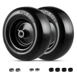 2 Pack 11x4.00-5 Flat Free Lawn Mower Tire and Wheel, 299 LBS Load 11x4-5 PU Tire with Rim, 3/4" 5/8" 1/2" Bushings for Push Mower, Hand Truck, Utility Cart