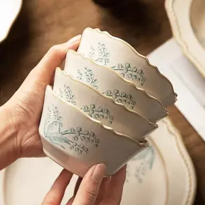 Lily of the Valley Ceramic Bowl Set, 4-piece set, 4.5-inch cereal bowl and rice bowl, microwave-safe, suitable for holding oatmeal, soup, pasta, Lamian Noodles, desserts, fruits, perfect for breakfast, lunch, and dinner