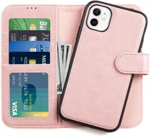 Designed for iPhone 11 Wallet Case - Detachable Flip Folio Cover - RFID Blocking 4 Card Slots Holder - Premium PU Leather Magnetic Kickstand - Protective Phone Case 6.1", Pink Color