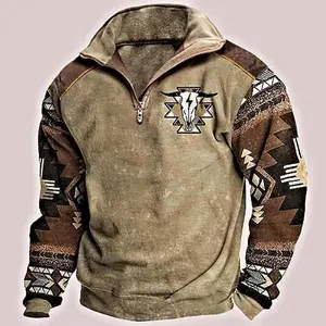 Men's Aztec Hoodie Western Inspired Design1/4 Zip Long Sleeve Pullover Pullover Sweatshirt Casual Menswear