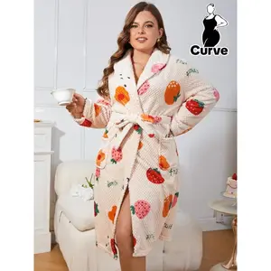 Plus-size one-piece flannel pajama/homewear robe with a hot-grain fruit print, waist belt, and pockets; women’s clothing; 2000s-style robe; casual, comfortable long-sleeved shawl-collar textured autumn–winter robe for women; GARMENTARY
