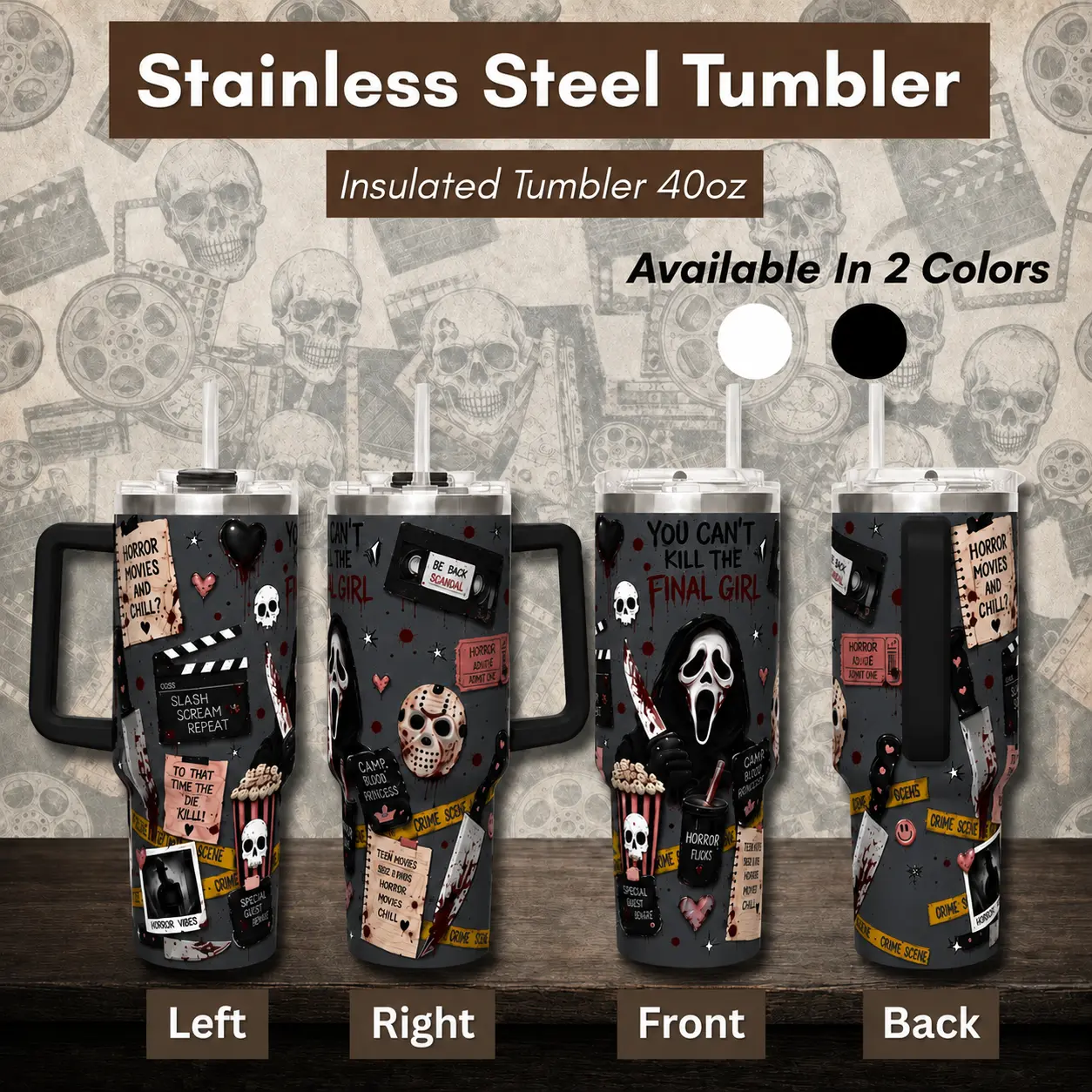 You Can't Kill the Final Girl 40oz Horror Movie Tumbler, Slasher Pattern Insulated Travel Mug, Halloween Horror Fan Gift Cup