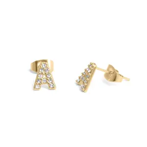 Initial Letter Stud Earrings-Gold CZ Pavé
