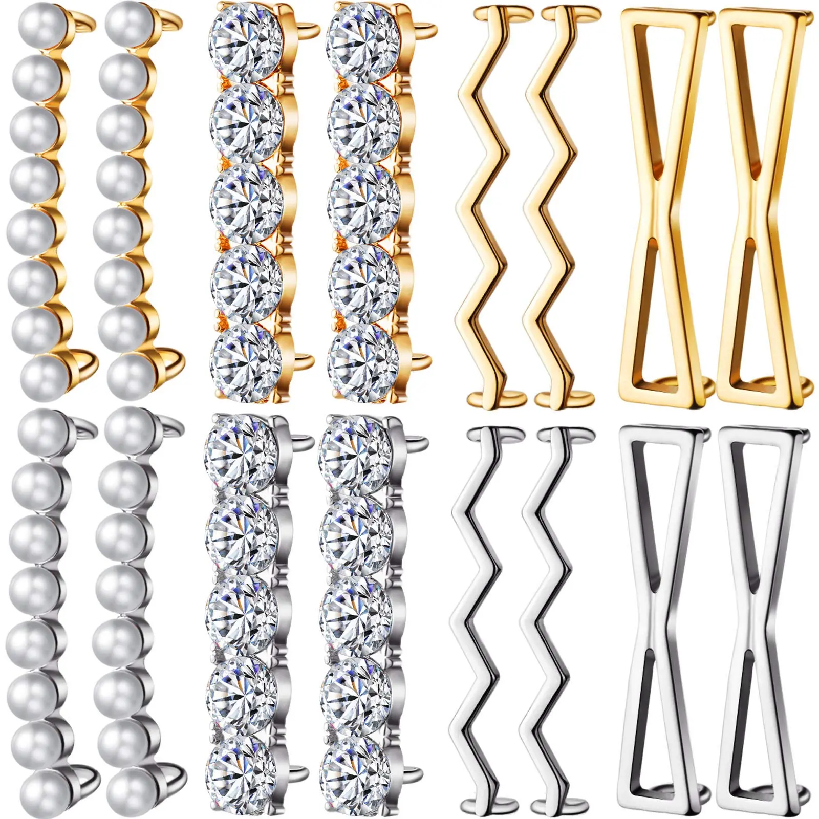 Women's DIY Shoelace Charms (16 Pieces) - 4 Gold Pairs, 4 Silver Pairs with Faux Pearl Rhinestones, Fashion Footwear Accessory for Sneakers, Casual Shoes