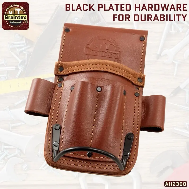 AH2300 Grain Leather Tool Pouch, 5-Pocket Multi-Tool Holder with Top Pocket, Durable Black-Plated Hammer Holder, Chestnut Brown