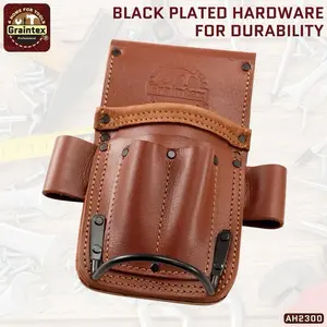 AH2300 Grain Leather 5 Pocket Multi-Tool Holder Chestnut Brown Color with Top Pocket and Durable Black Plated Hammer Holder