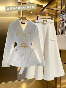 Two-piece Set Women's Solid Color Button Front Belted Blazer & Skirt, Elegant Fashion Casual Set for Work Office Business, Ladies Spring & Fall Clothes, Womenswear