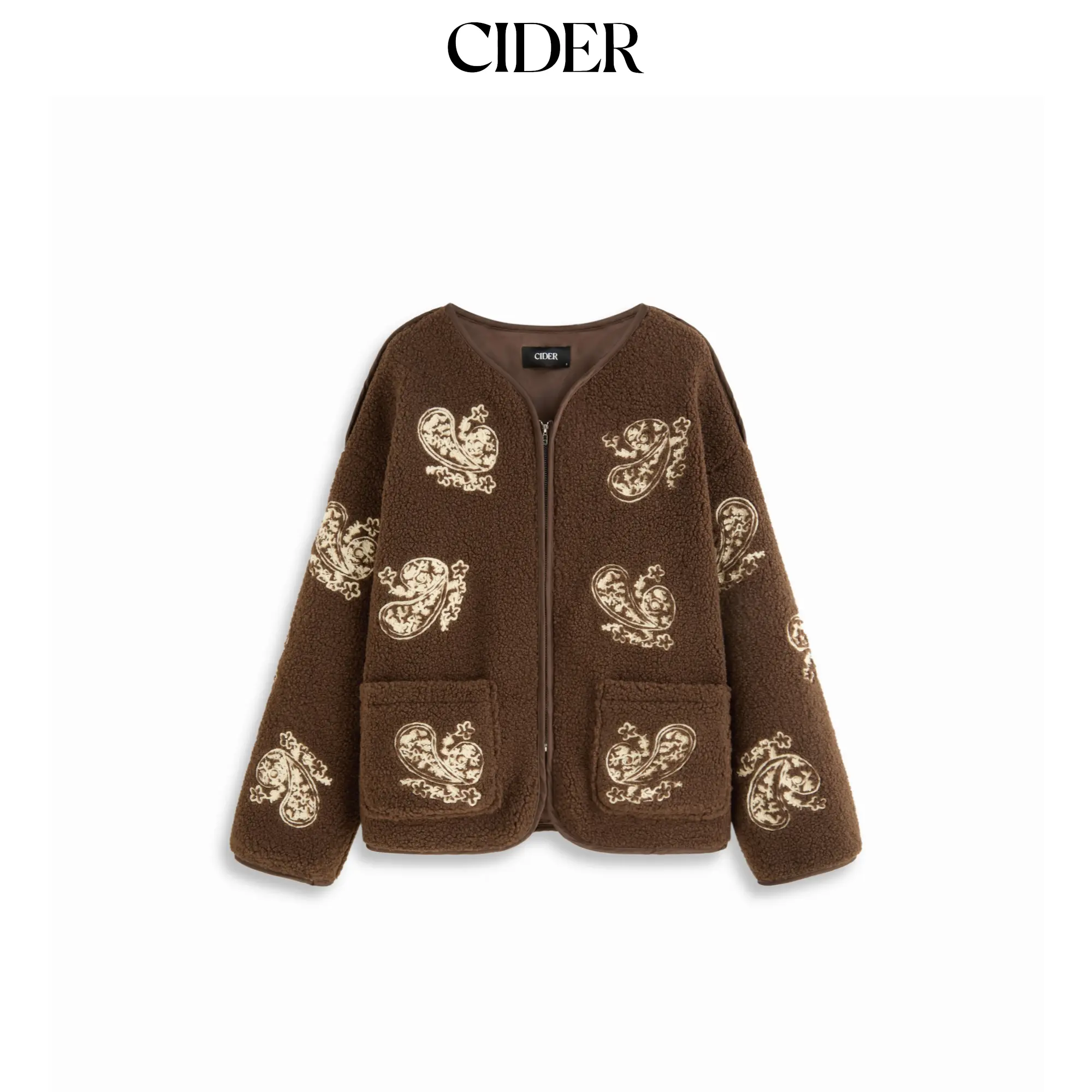 Cider Fleece Round Neckline Paisley Embroidered Jacket