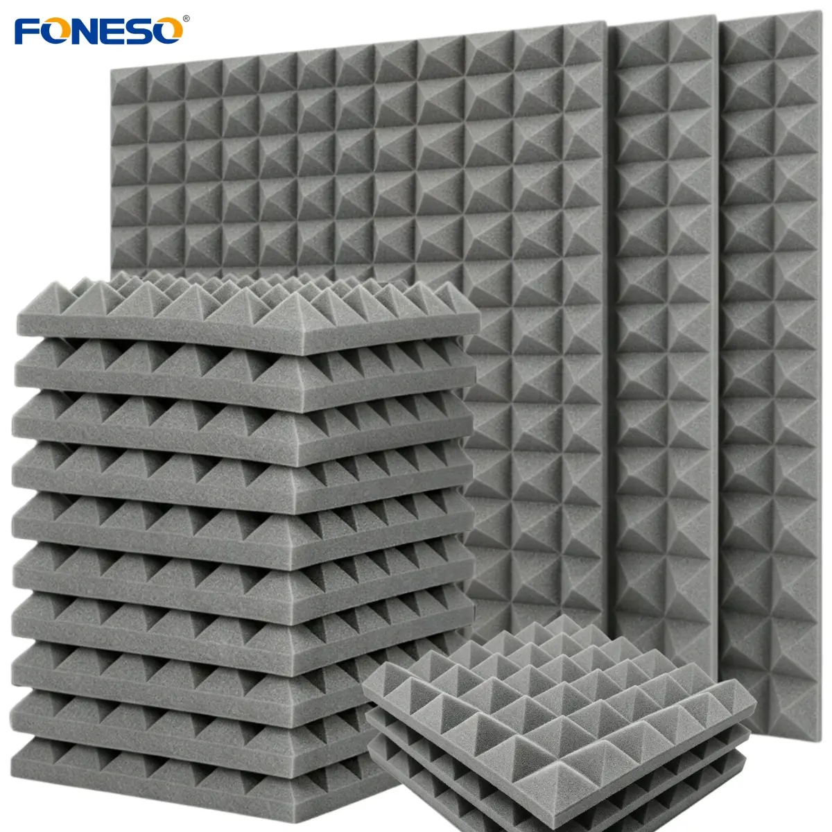 12 PACK 2 inch - 25kg/m³ High Density Soundproof Acoustic Foam Panels Pyramid Designed - Gray, Fire Resistant Sound Proof Foam Panels Acoustic Panels, For Studio Wall Ceiling Meeting Room Decorative 3D Wall Panel - 12x12x2 inch