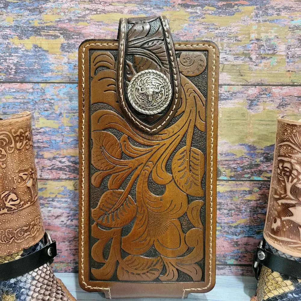 Longhorn Western phone holster genuine leather floral embossed 7x3.5 in brown large elastic sidesmagnetic closure with concho