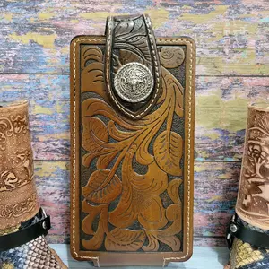Longhorn Western phone holster genuine leather floral embossed 7x3.5 in brown large elastic sidesmagnetic closure with concho