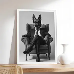 German Shepherd Smoking Black And White,Pet & Animal Canvas Print, Minimalist & Neutral-Style Poster, Bedroom Aesthetic Wall Decor.