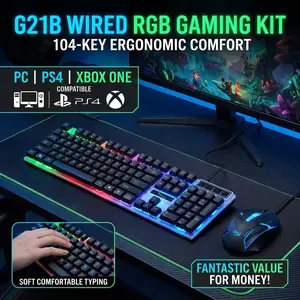 G21b Wired USB RGB Gaming Keyboard and Mouse Kit, 104 Keys LED Backlit, Ergonomic Design, Compatible with PC Ps4 Xbox One, Comfortable Typing