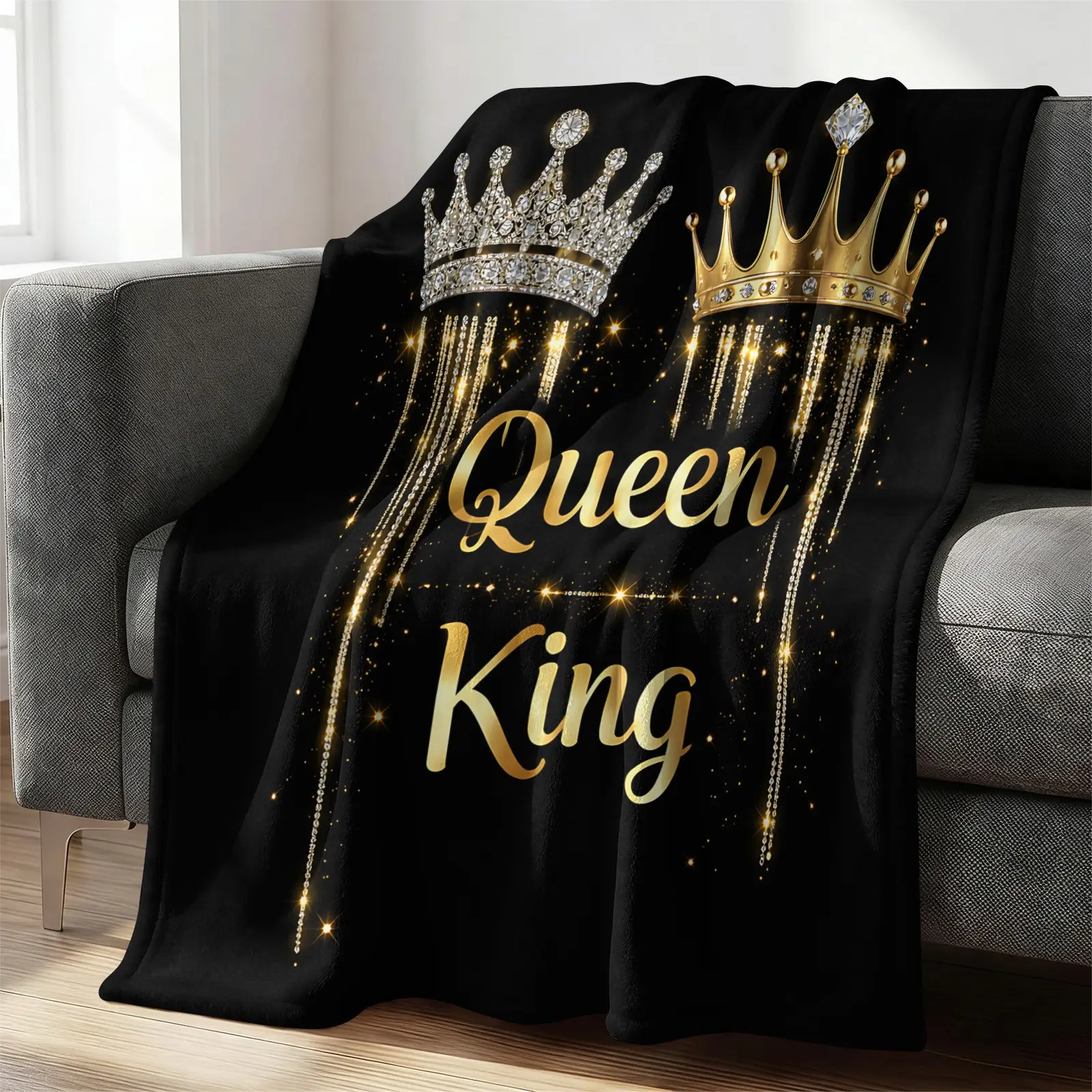 King Queen Crown Print Flannel Blanket, Romantic Couple Throw Blanket, His and Hers Warm Blanket, Luxury Royal Style Gift Blanket, Cozy for Couch Bed Sofa, Perfect for Wedding & Anniversary