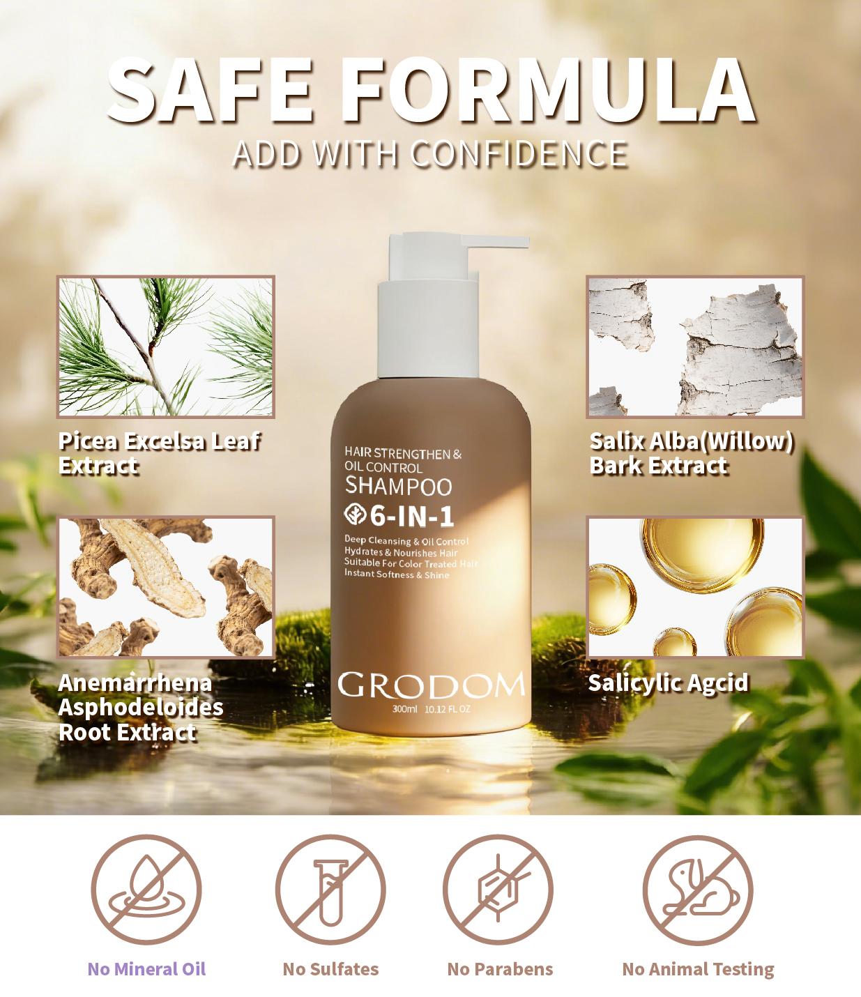 【Buy 1 Get 1 Free】GRODOM 6-in-1 Amino Acid Shampoo 300ml,Promotes Hair Growth,Improves Hair Loss & Thinning,Oil-Absorbing Formula,Refreshes Scalp,Sulfate-Free Gentle Formula,Strengthens Roots,Deep Nourishing,For Color-Treated & Permed Hair Lengthening Vol