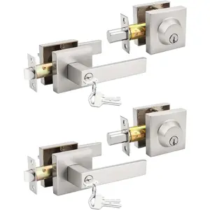 Brushed Nickel Keyed Alike Front/Exterior Door Levers with Single Cylinder Deadbolt, Square Entry Door Knob Lock Combination Sets, 2 Pack for Entrance, Front and Office Doors