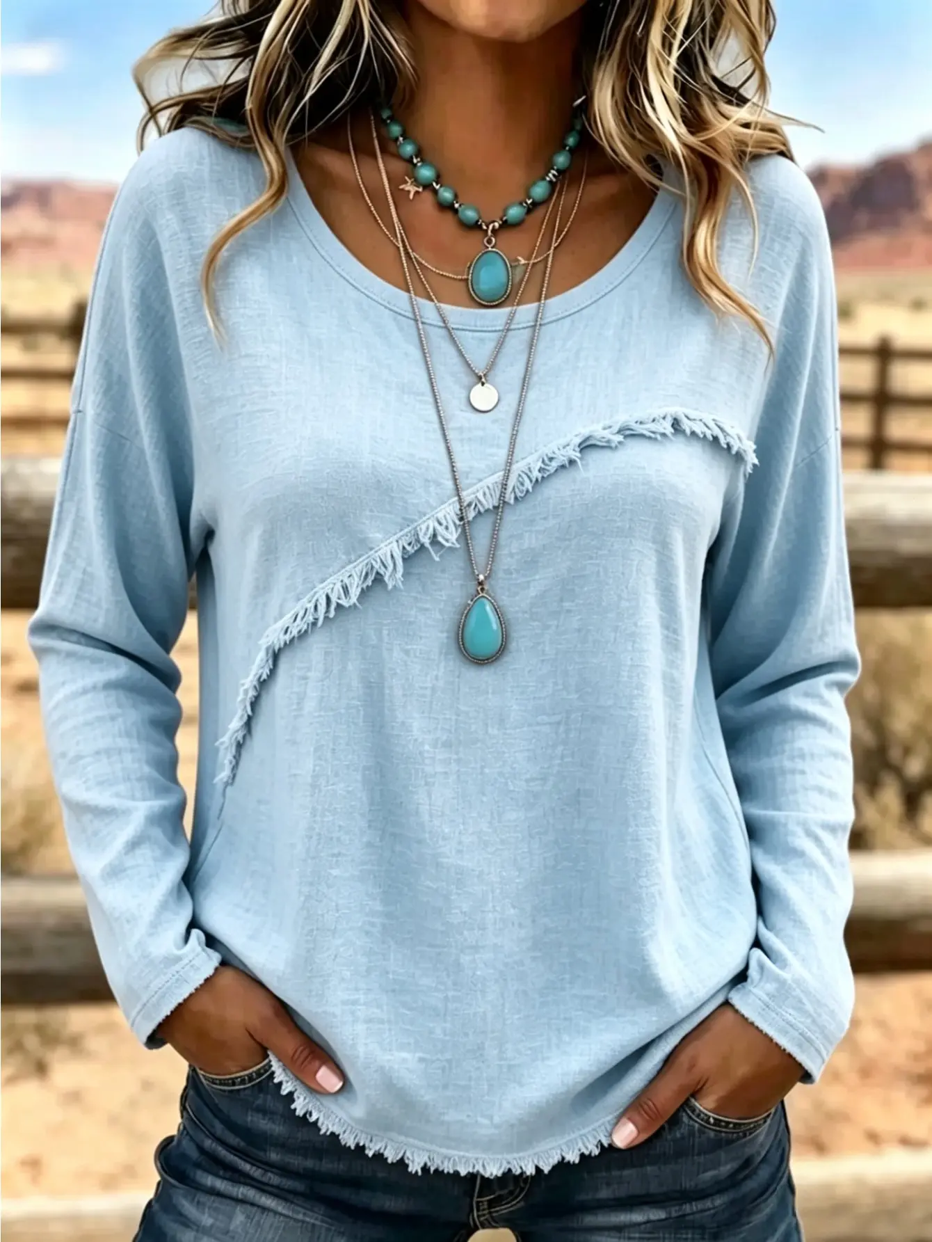 Women's Western Recycled Polyester Blends Long Sleeve T-Shirt - Loose-Fitting Casual Top with Fringe Trim, Round Neck, Asymmetric Frayed Hem, Ruffle Sleeve