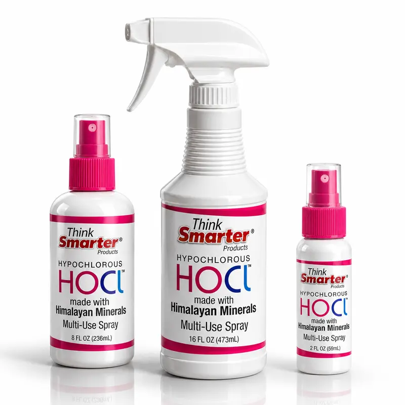 Think Smarter Products HOCl spray 3-pack | 2oz, 8oz & 16oz hypochlorous spray with Himalayan minerals | multi-use all-purpose fragrance-free spray