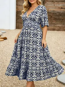 Plus Size Vintage Totem Print Dress, Half Sleeve Design, Curvy Slimming Casual Wear Vacation Dress