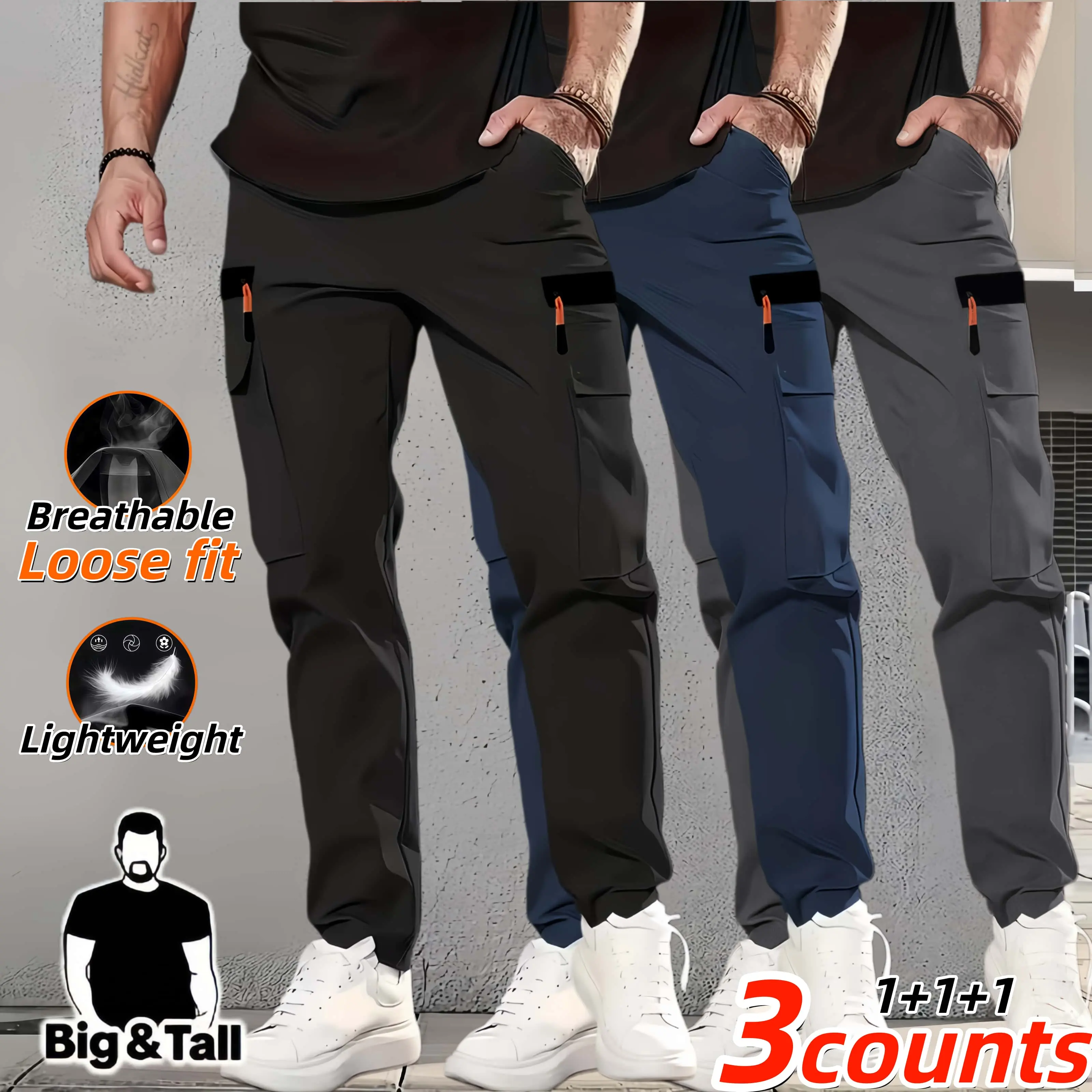 Plus-size men’s loose cargo pants—large and tall; lightweight, breathable, quick-drying cargo pants with multiple zippers; casual outdoor streetwear long pants with elastic ankle cuffs; comfortable elastic waistband drawstring pants.