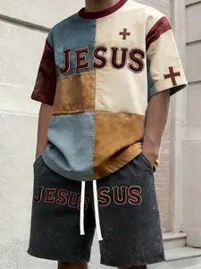Men's and women's urban street style Streetwear American retro patchwork short-sleeved T-shirts Matching Set, paired with cotton shorts, design featuring Jesus cross