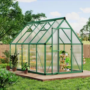 Garvee 6x9 FT Walk-in Greenhouse with Heavy Duty Aluminum Frame, Polycarbonate Panels, Lockable Door, Adjustable Roof Vent, Water Gutter System, Ideal for Outdoor Gardening, Vegetables, Flowers, in Green and Silver