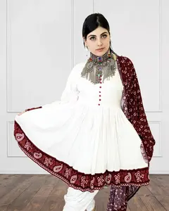 Traditional Frock Dress with Maroon Ajrak Dupatta