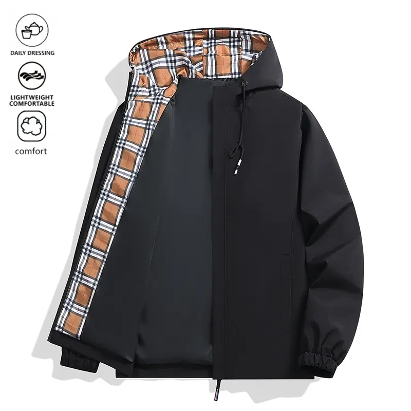 Menswear Stylish Hooded Windbreaker Coat - Checked Lining, Windproof, Mens Tops for Country Trips, Daily Commuting