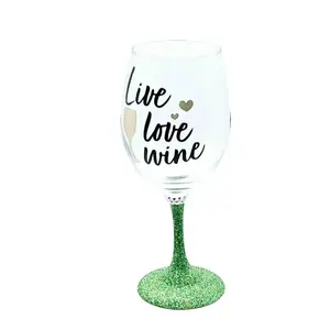 Live, Love Wine Glass with green stem and rhinestones Drinkware Stylish