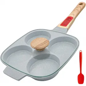 Ceramic Egg Frying Pan with Lid, Nonstick 4 Cup Fried Egg Pan with Detachable Handle, Omelette Pan Induction Compatible - Blue