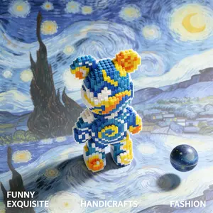 1585pcs Blue Van Gogh Starry Night Bear Series Building Blocks, Creative Assembly Toy, Handmade DIY Decorative Craft, Desk Home Living Room Decoration