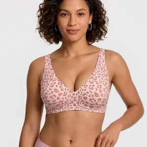 XCVIA Womens Jelly Bras Wireless Comfortable Soft Push Up Bralettes Seamless Tshirts Bras Deep V Everyday Bras Wire-Free Leopard Womenswear  Comfy