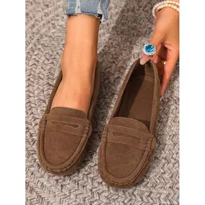 Women’s New Brown Suede Knit Flat Shoes — Elegant, all-season, comfortable slip-on loafers with a round toe in a solid color; versatile casual high-end lightweight outdoor work shoes for women’s office wear