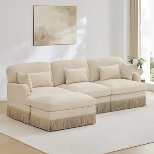 100" L-Shaped Chenille Sectional Sofa with Movable Ottoman & Tassel Edge, Leopard Print Modern Couch with Ergonomic Deep Seat Design for Living Room