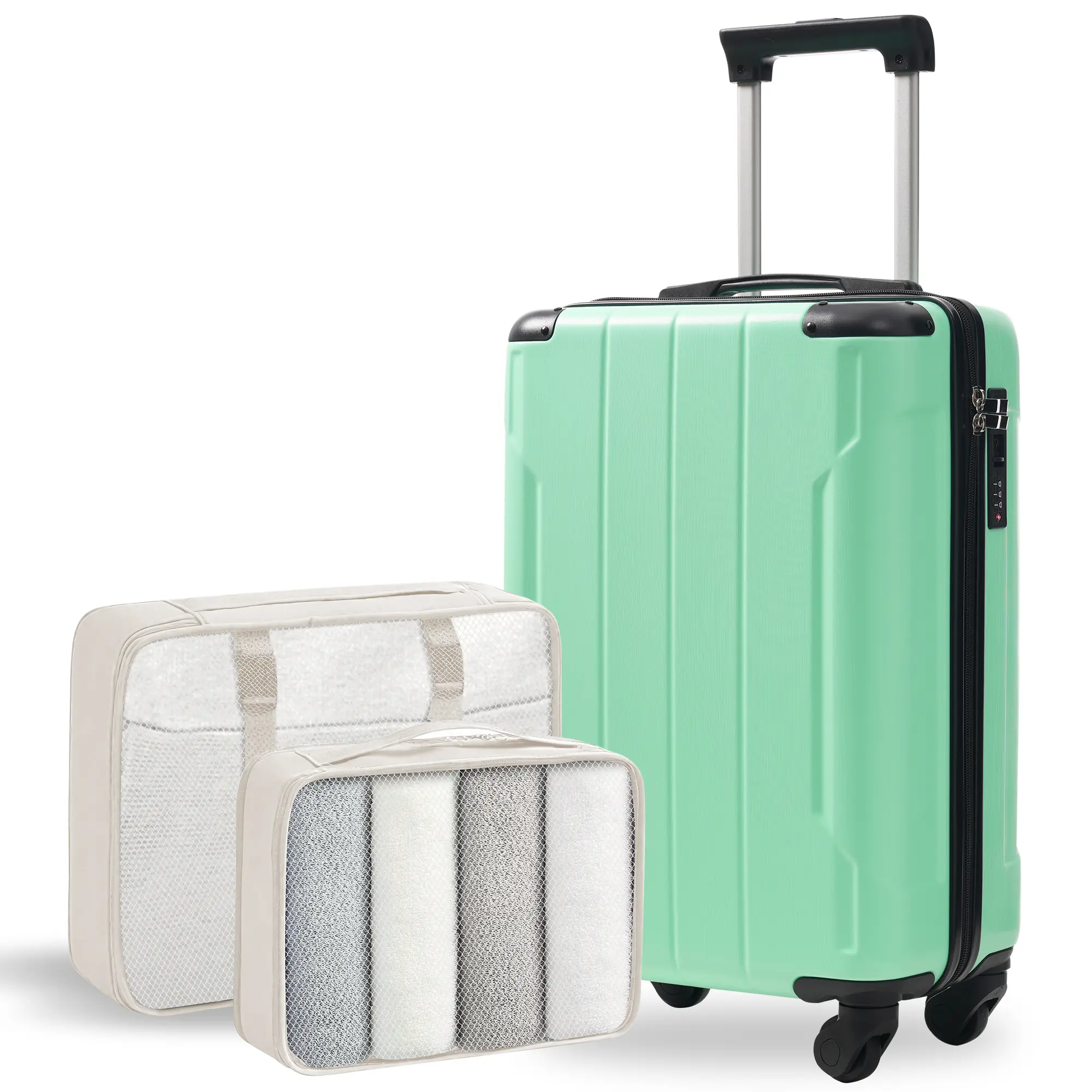20 inch hard shell luggage, lightweight and not too heavy to handle, ABS durable and anti drop, smooth universal wheels, TSA lock anti-theft, 2 storage bags for clothing packaging, super practical, Pink