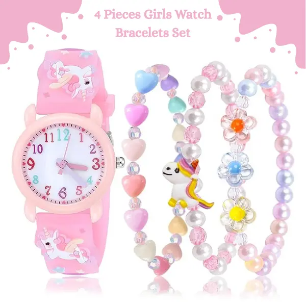 4PCS Girls Watch & Bracelet Set – Cute Waterproof Toddler Watches with Flower Jewelry Design, Fashion Wrist Watch Gift Set for Kids Girls Age 3-10, Birthday & Holiday Gift for Girls